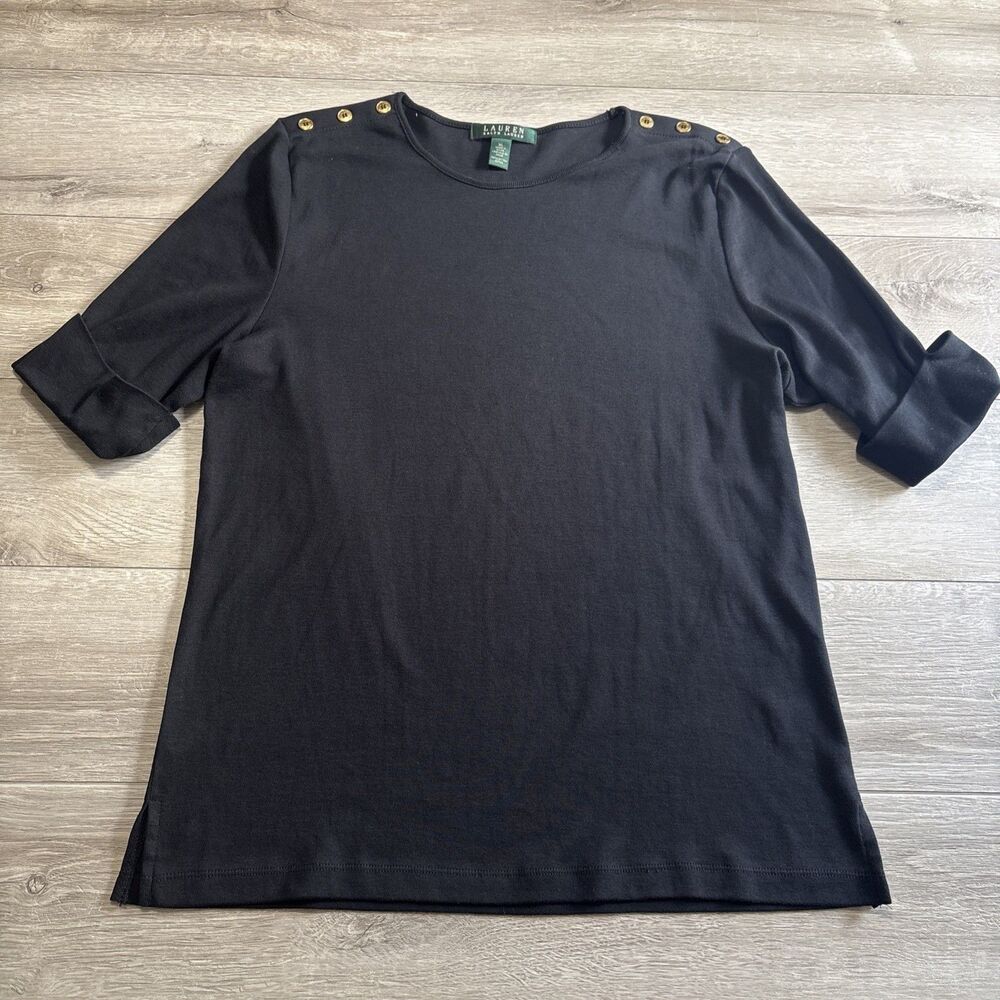 Lauren Ralph Lauren Black Ribbed Knit Buttoned Shoulder Elbow Sleeve Tunic Sz XL